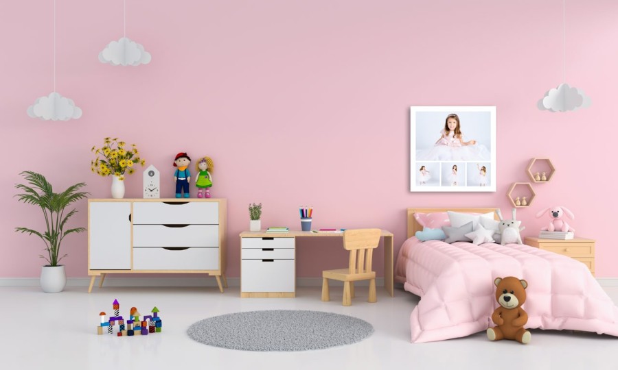 Pink children room interior for mockup, 3D rendering