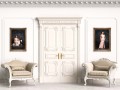 Classic baroque armchairs in classic interior. Walls with moldin