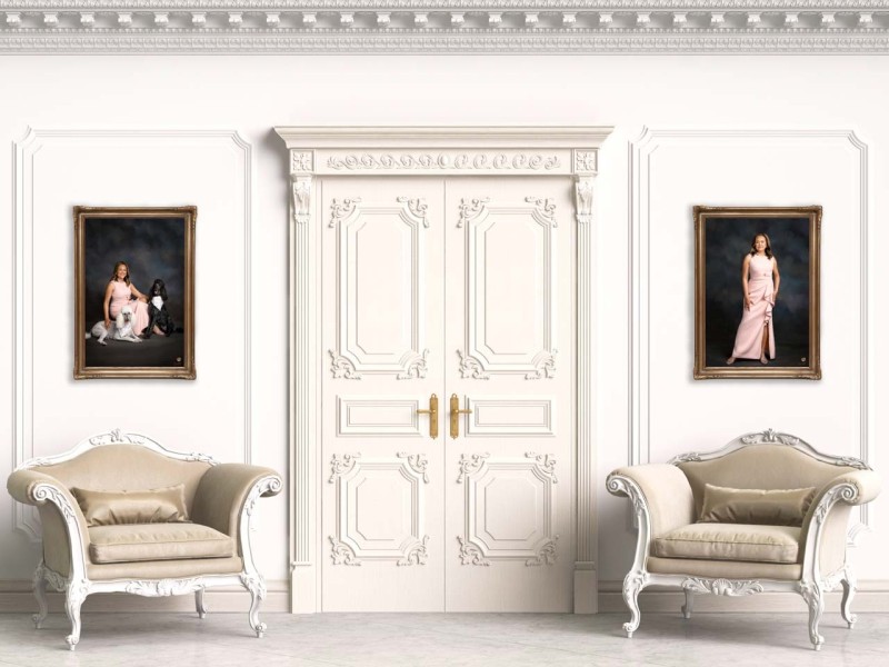 Classic baroque armchairs in classic interior. Walls with moldin